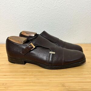 Gucci Double Monk Strap Mens Dress Shoes 9.5 Brown Pebbled Leather